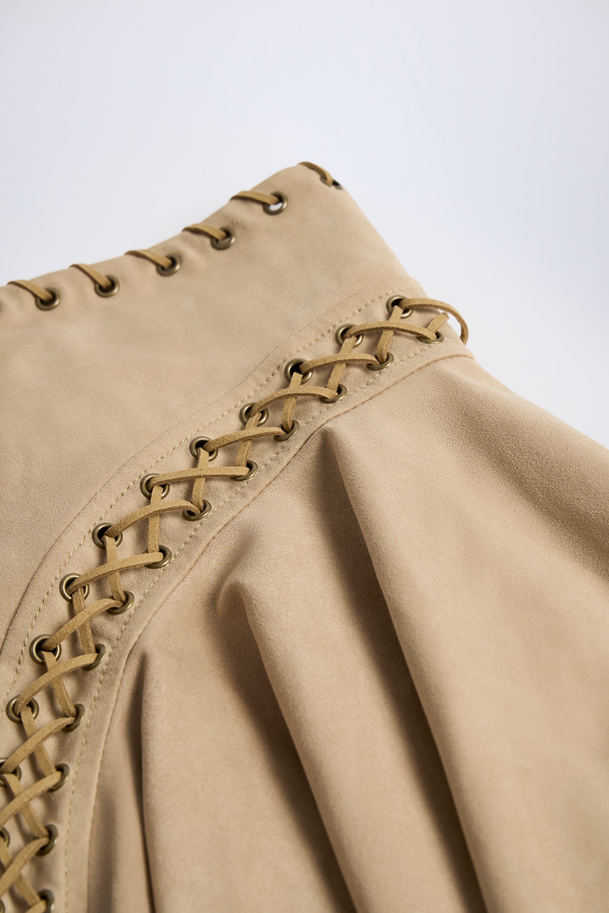 Lace Up Mid Rise Mini Skirt in Tan