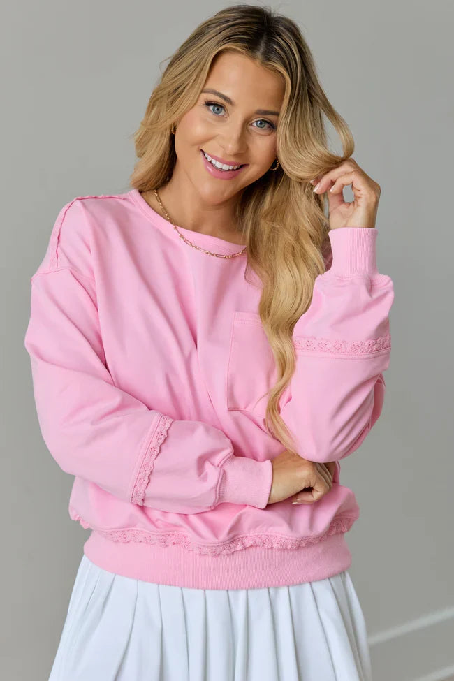 Scottie Pink Eyelet Trim Crewneck Top