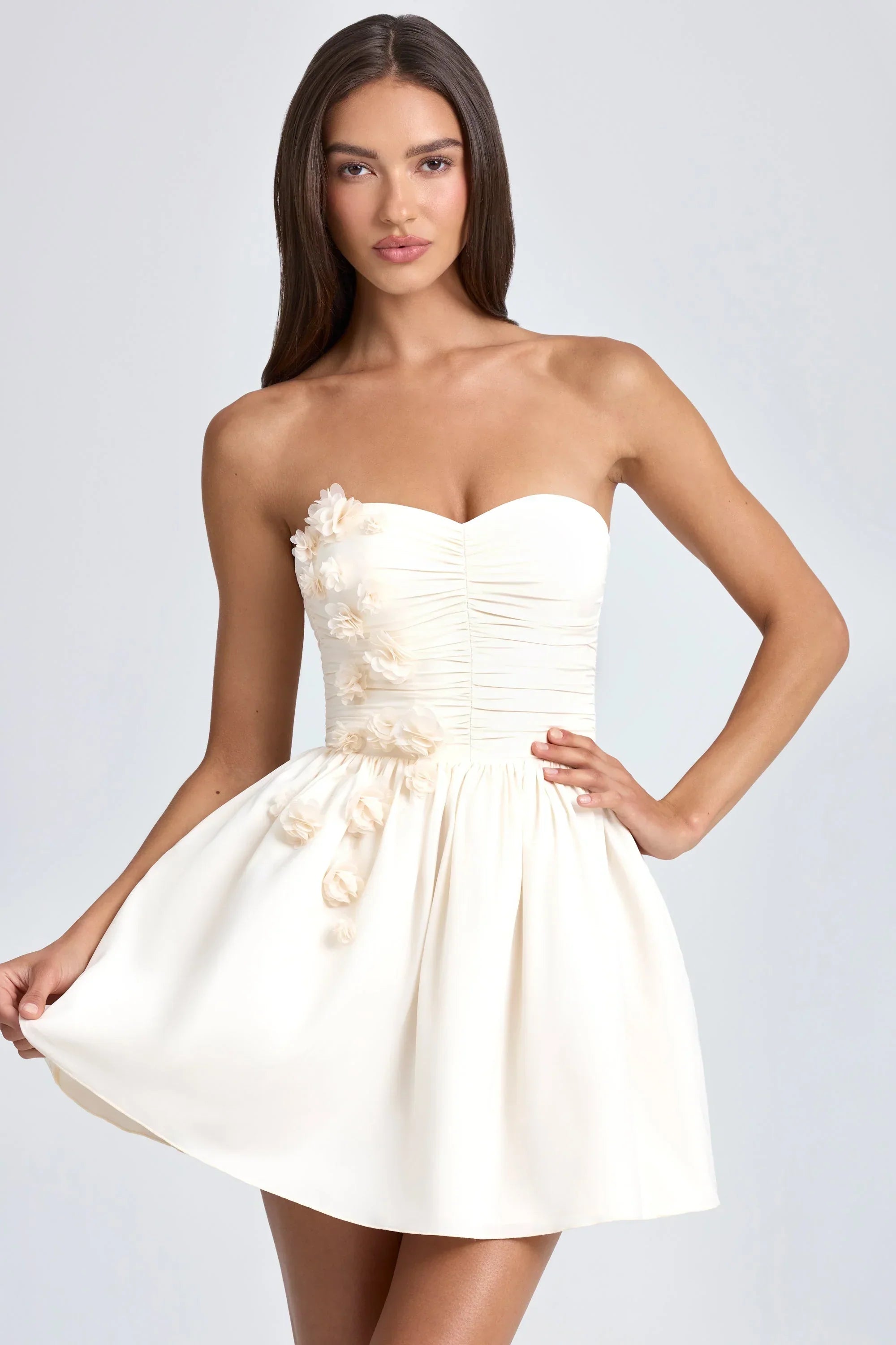Bandeau Floral Appliqué Corset Mini Dress in Ivory