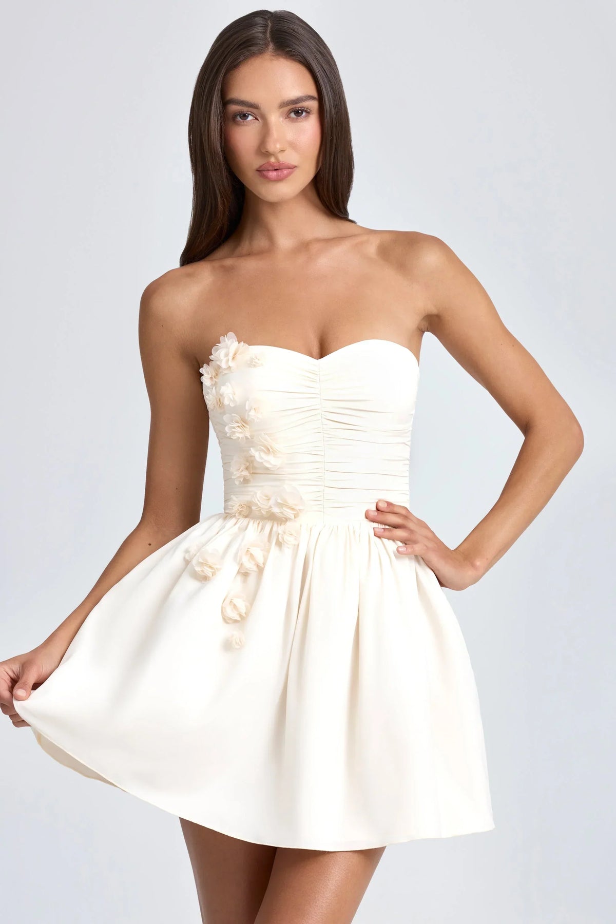 Bandeau Floral Appliqué Corset Mini Dress in Ivory