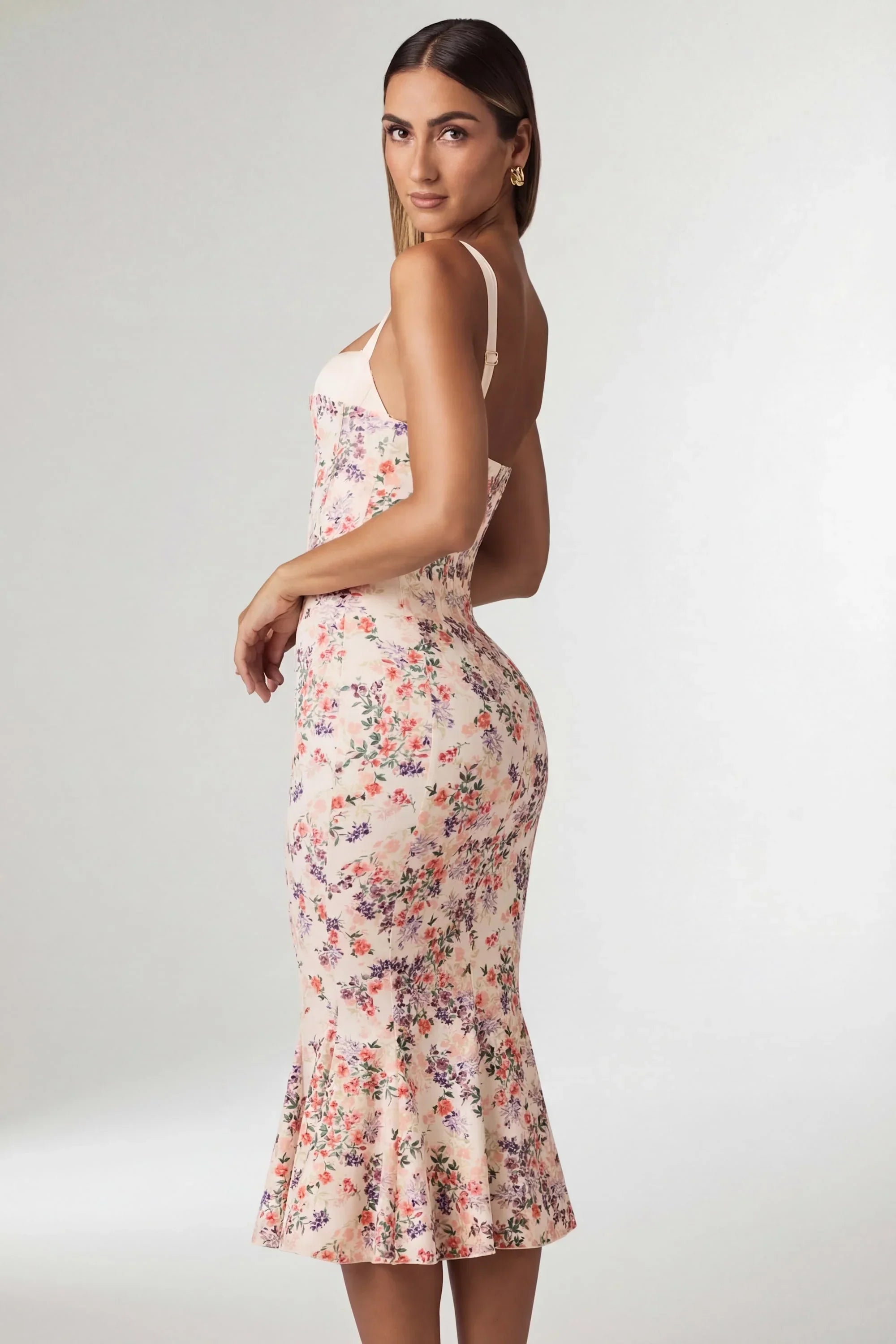 Layered Bra Detail Fishtail Midaxi Dress in Primrose Floral Print