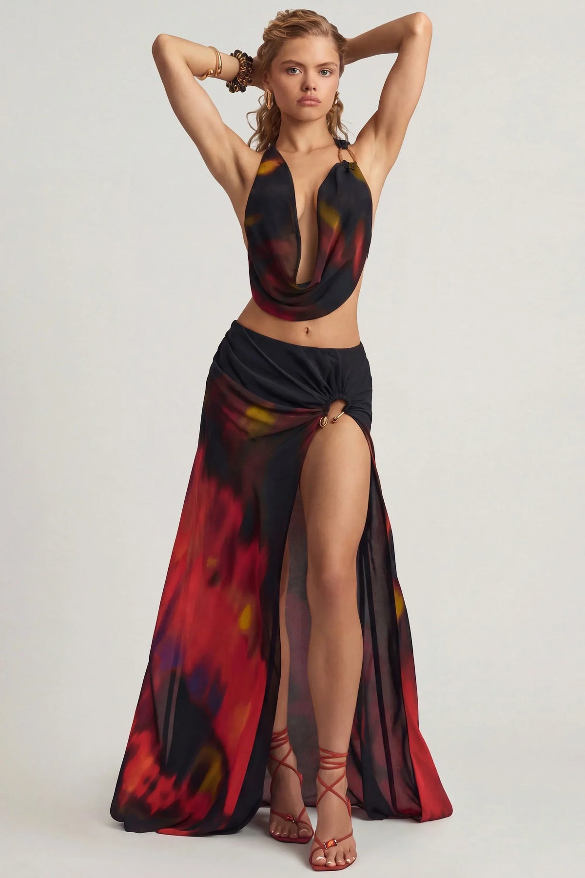 Mid Rise Split Maxi Skirt in Red Blurred Print