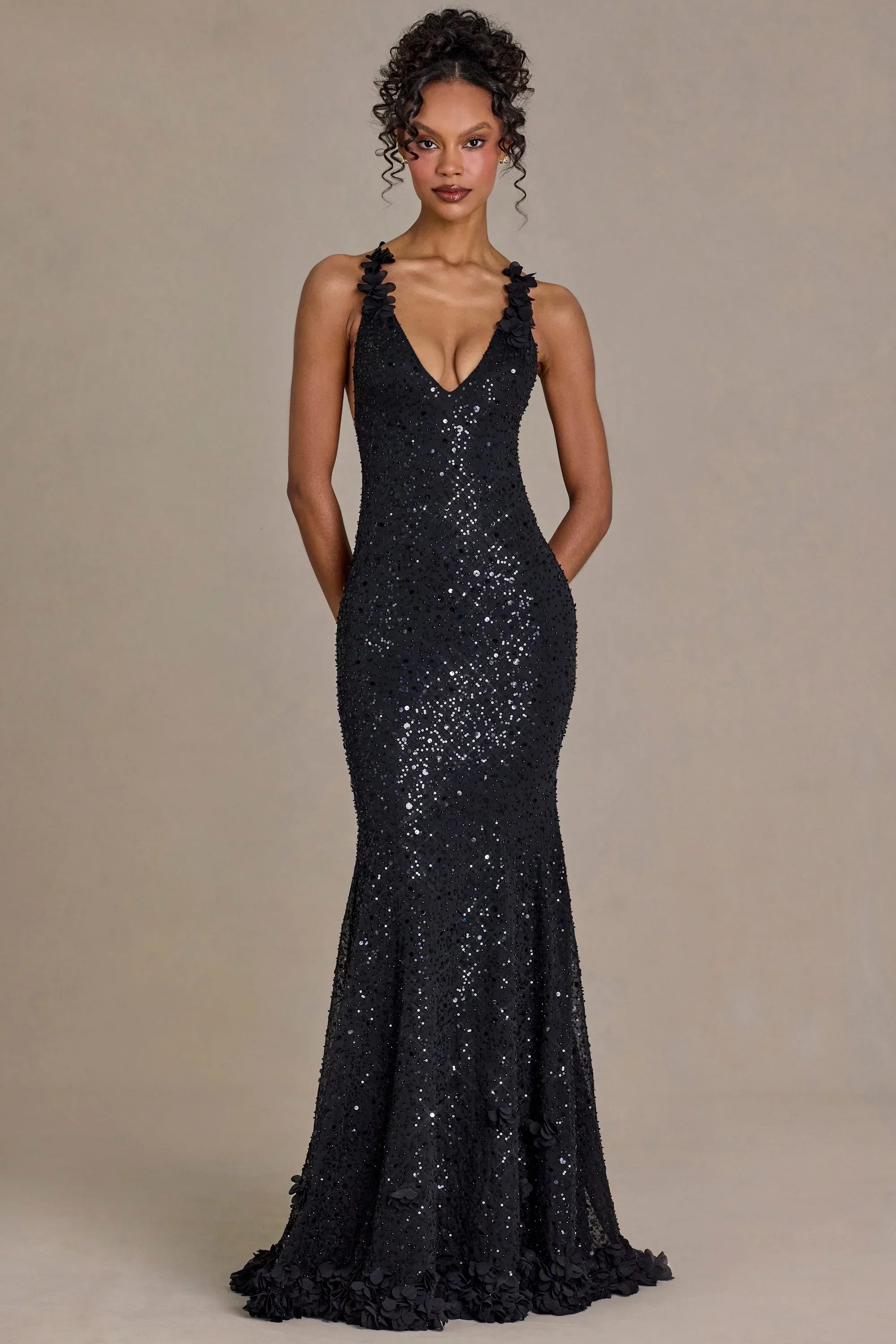 Embellished Plunge Open Back Gown in Black
