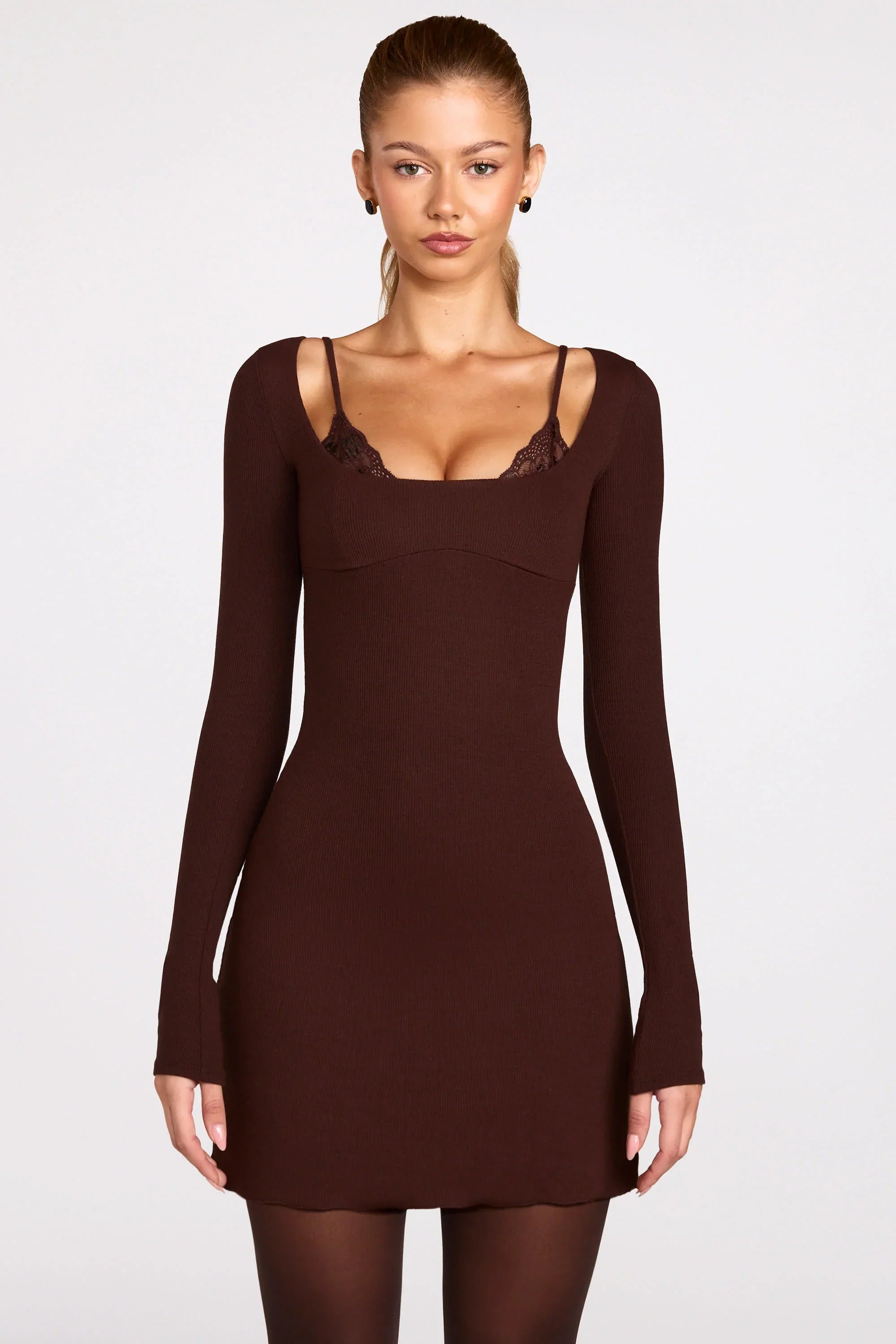 Ribbed Modal Long Sleeve Laced Bra Mini Dress in Chocolate Brown