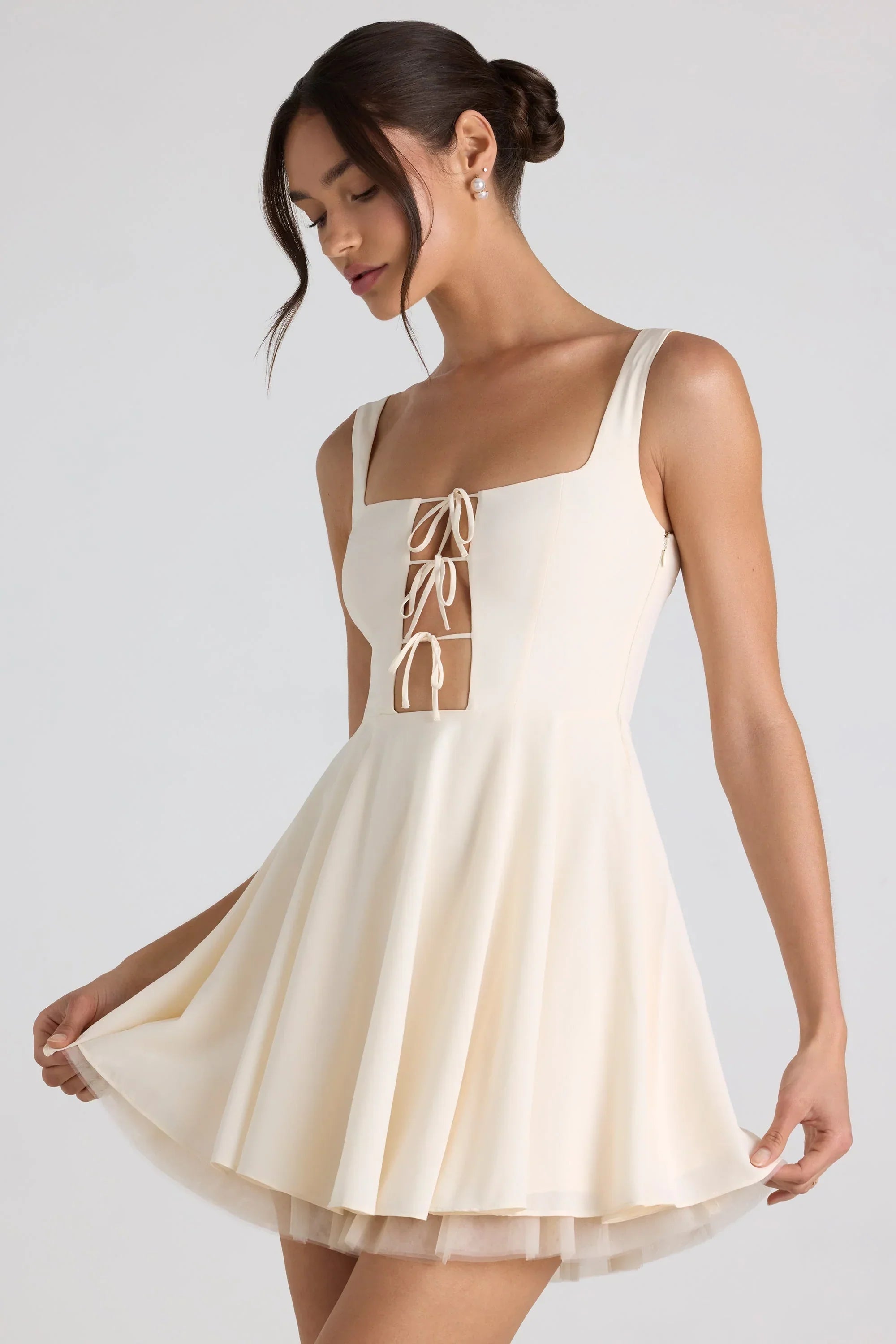 Tie Detail A Line Micro Mini Dress in Ivory