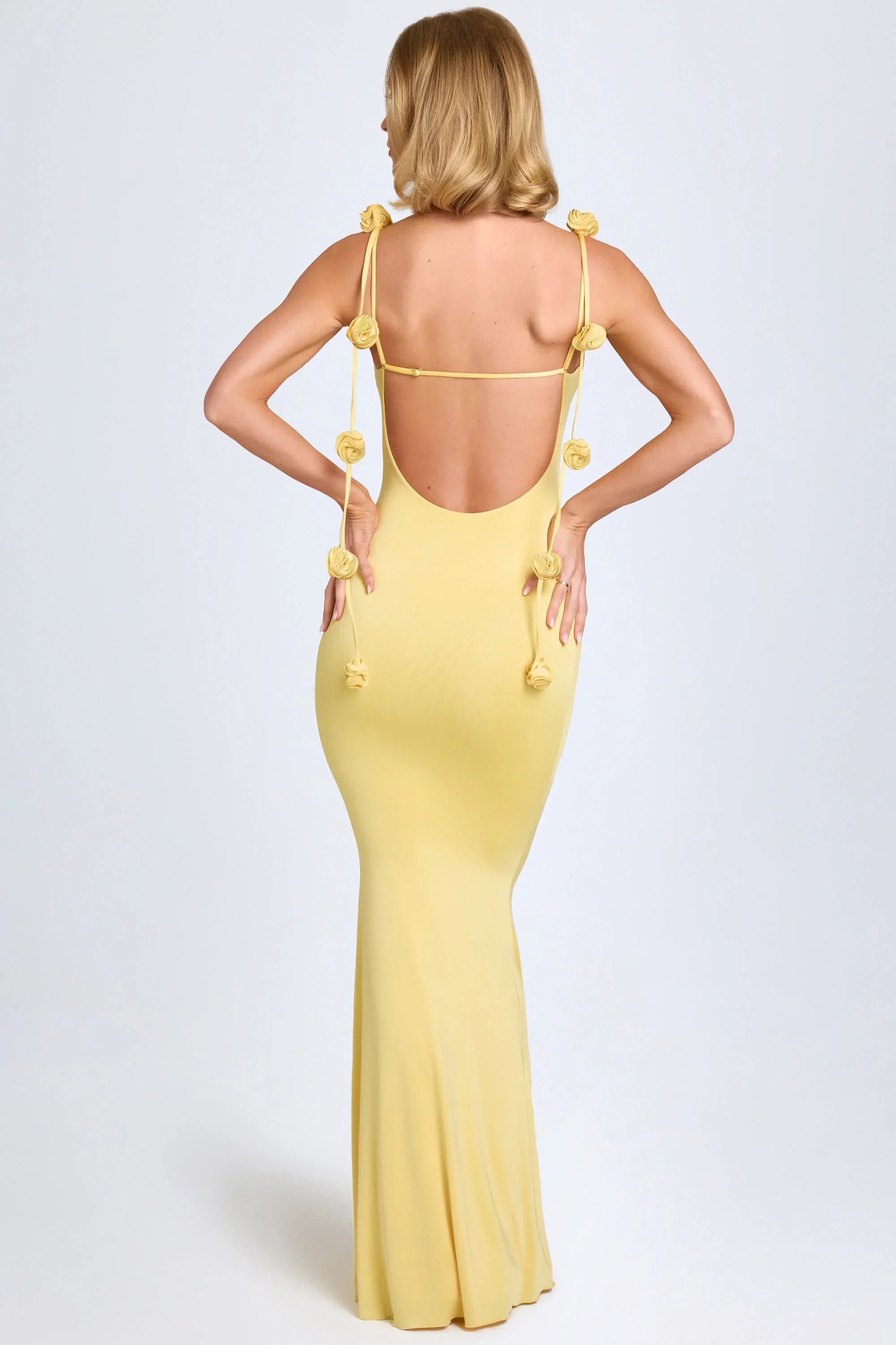Slinky Jersey Floral Appliqué Gown in Pastel Yellow