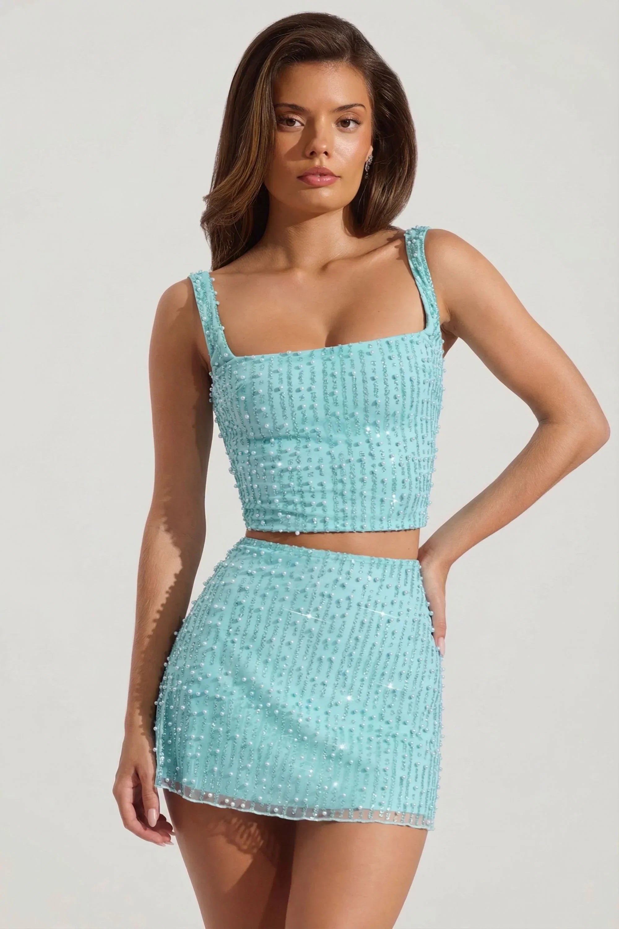 Embellished Low Rise Mini Skirt in Aqua Blue
