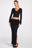 Sheer Jersey Low Rise Draped Maxi Skirt in Black