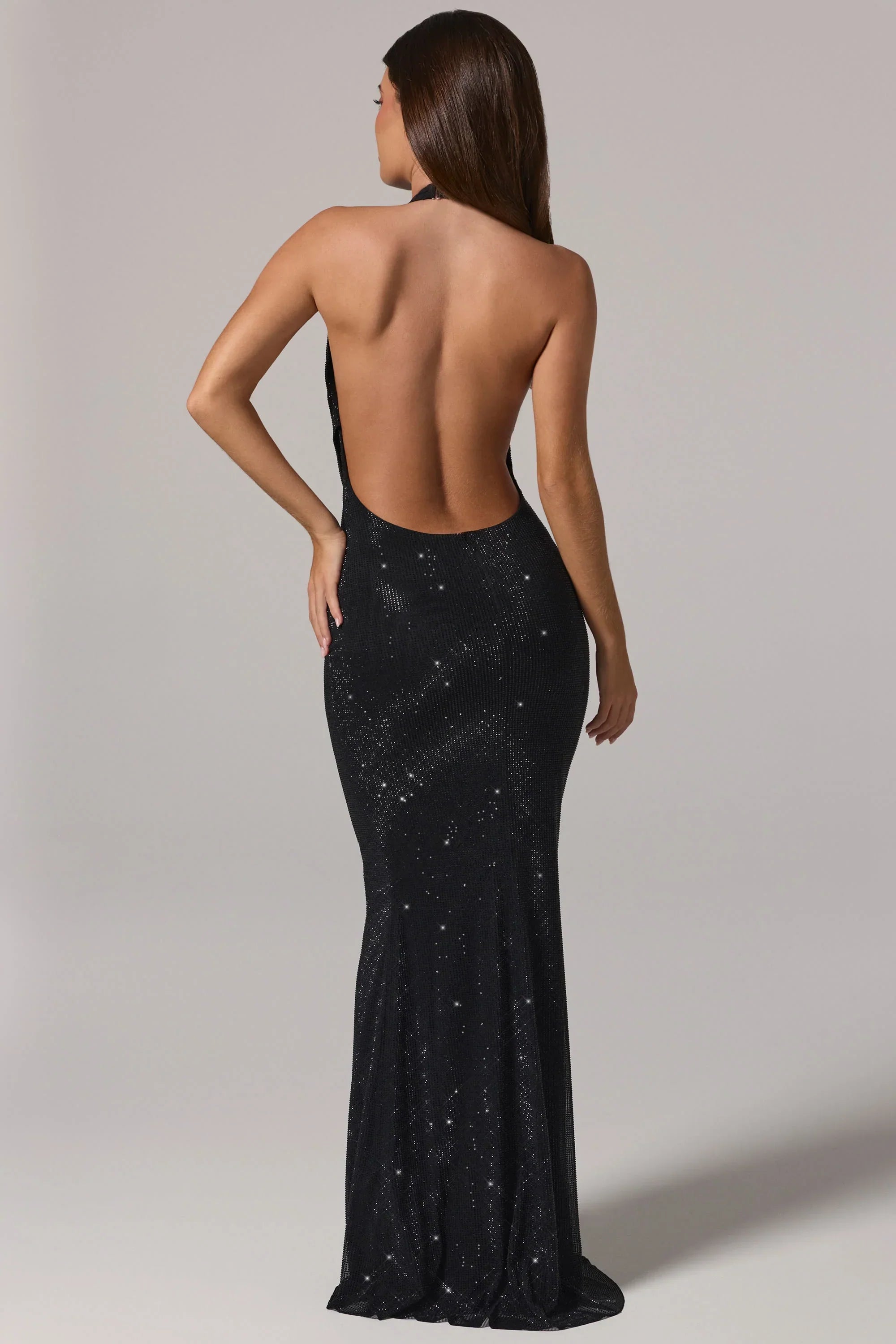 Embellished Cowl Neck Backless Gown in Black