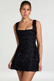 Floral Appliqué Square Neck Corset Mini Dress in Black
