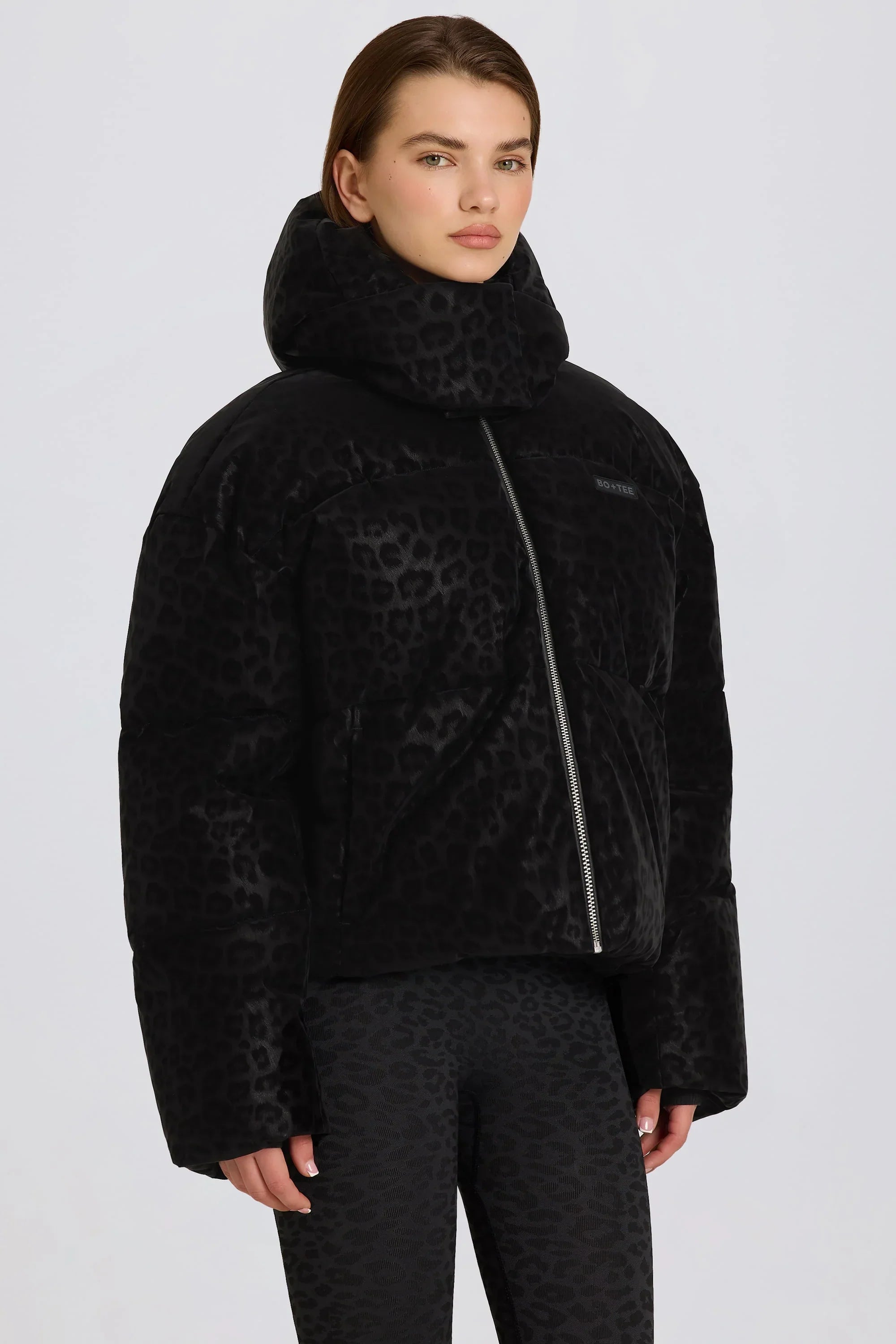 Waterproof Cropped Oversized Ski Jacket in Black Leopard