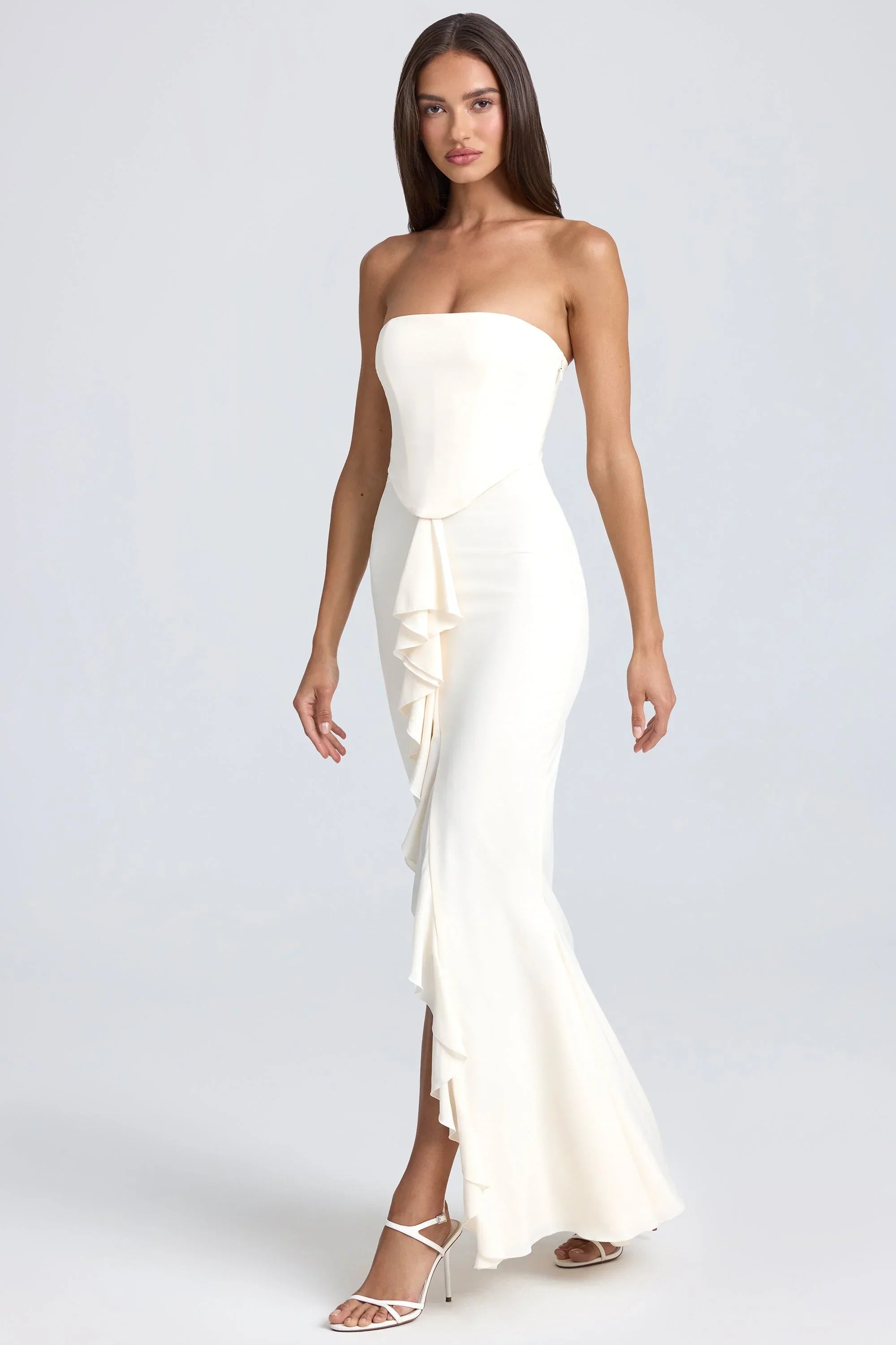 Bandeau Ruffle Trim Corset Gown in Ivory