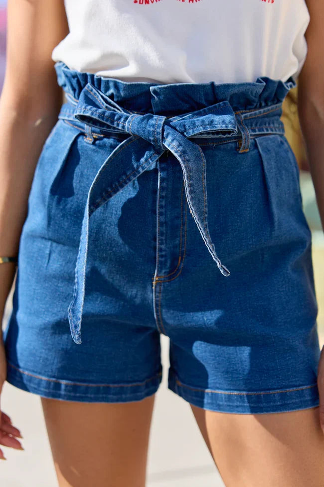 Whats New Dark Wash Paperbag Waist Belted Denim Shorts