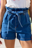 Whats New Dark Wash Paperbag Waist Belted Denim Shorts