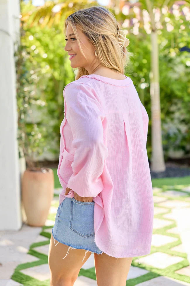 Jenna Pink Gauze V Neck Tunic