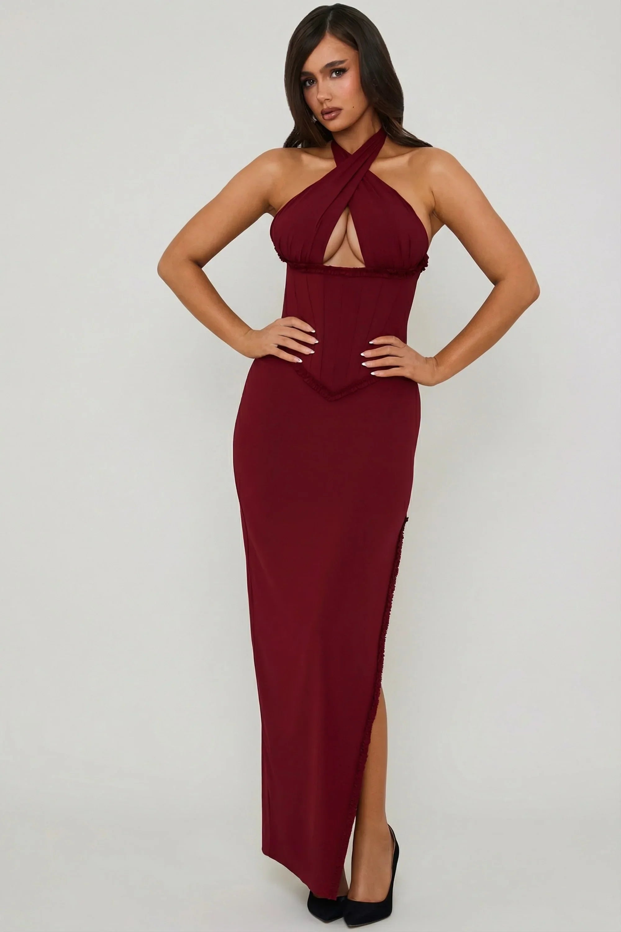Halterneck Lace Up Corset Maxi Dress in Berry Red