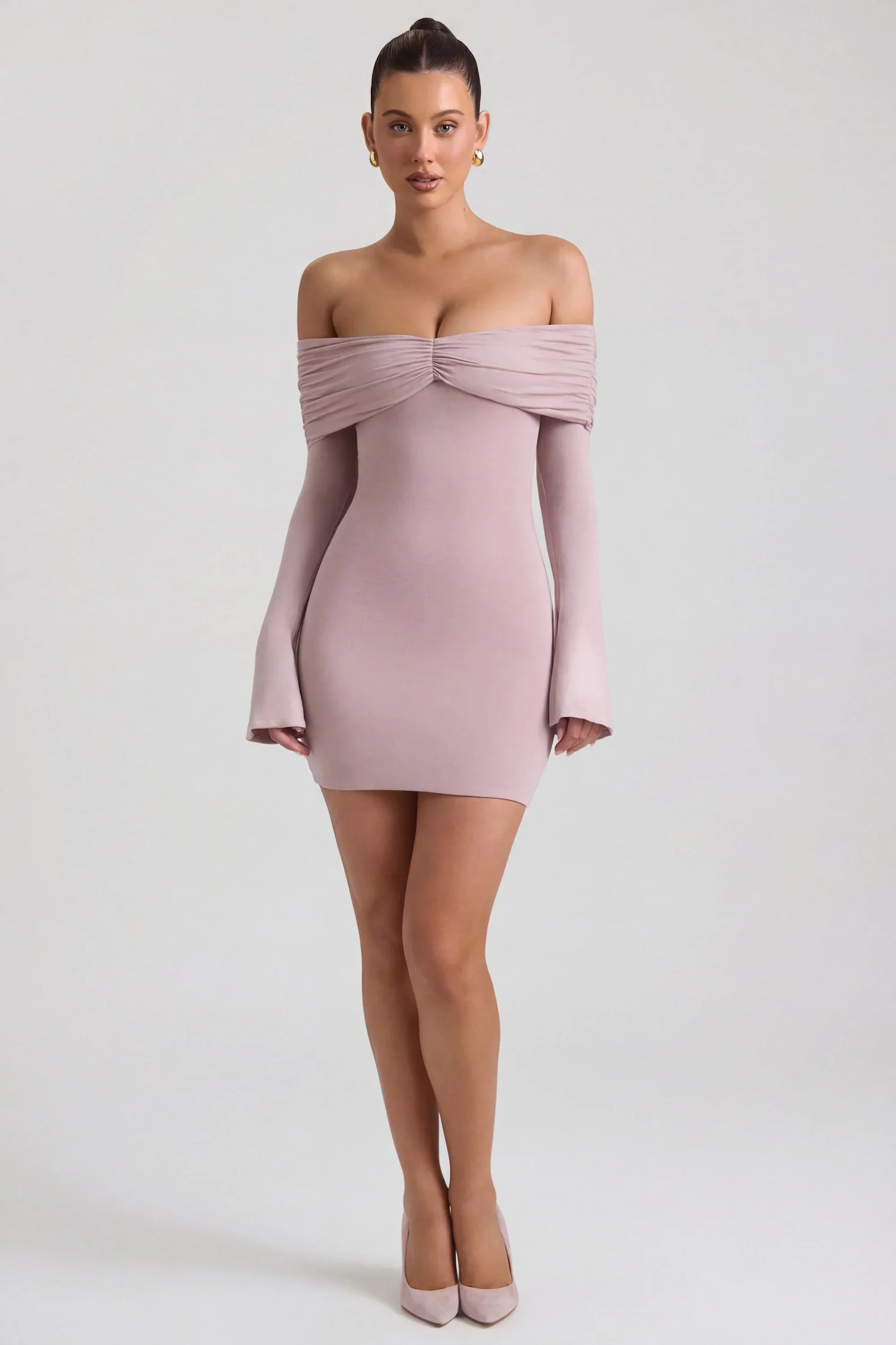Modal Cashmere Blend Off Shoulder Ruched Mini Dress in Taupe