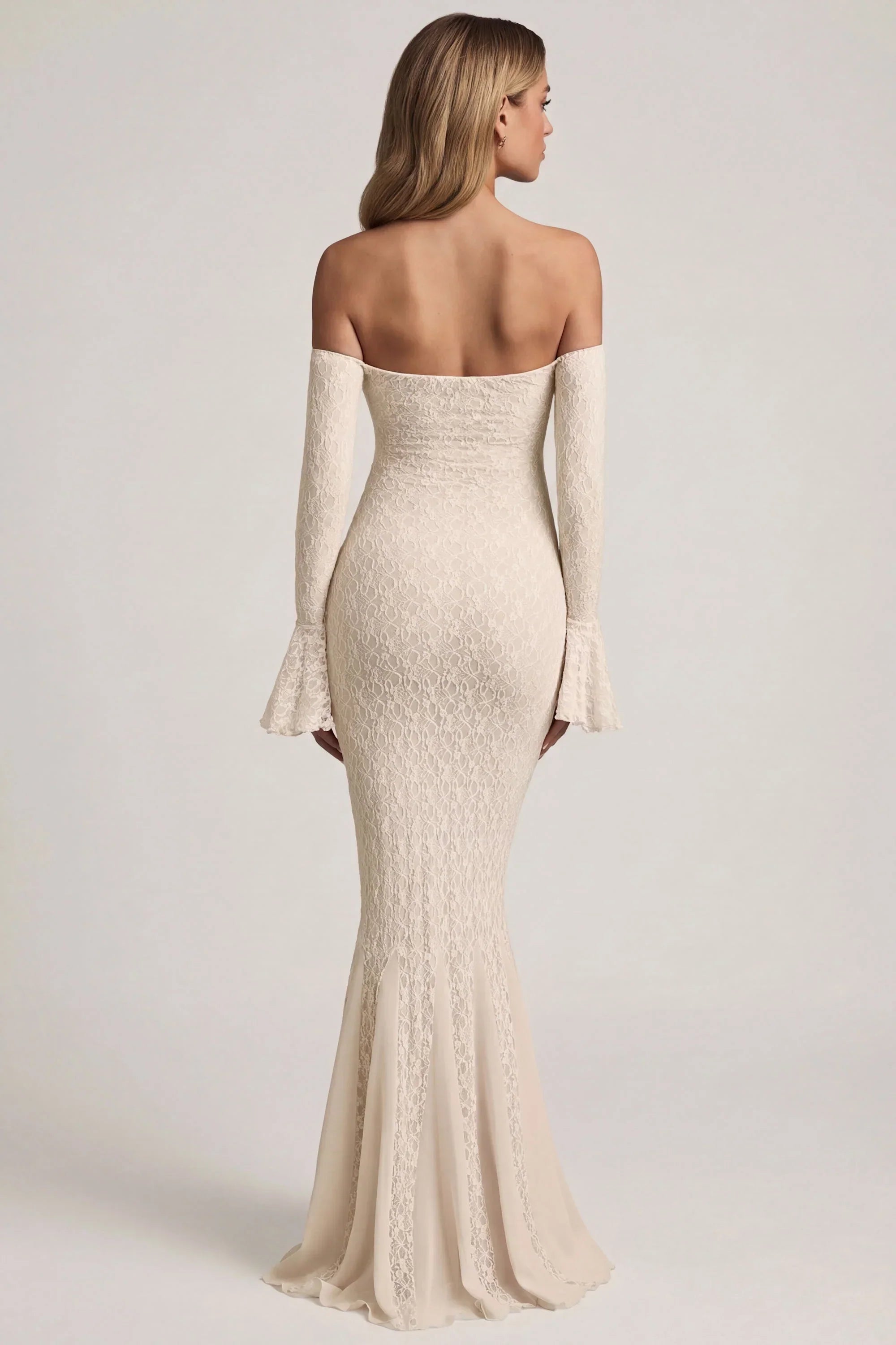 Off Shoulder Ruffle Lace Maxi Dress in Ivory