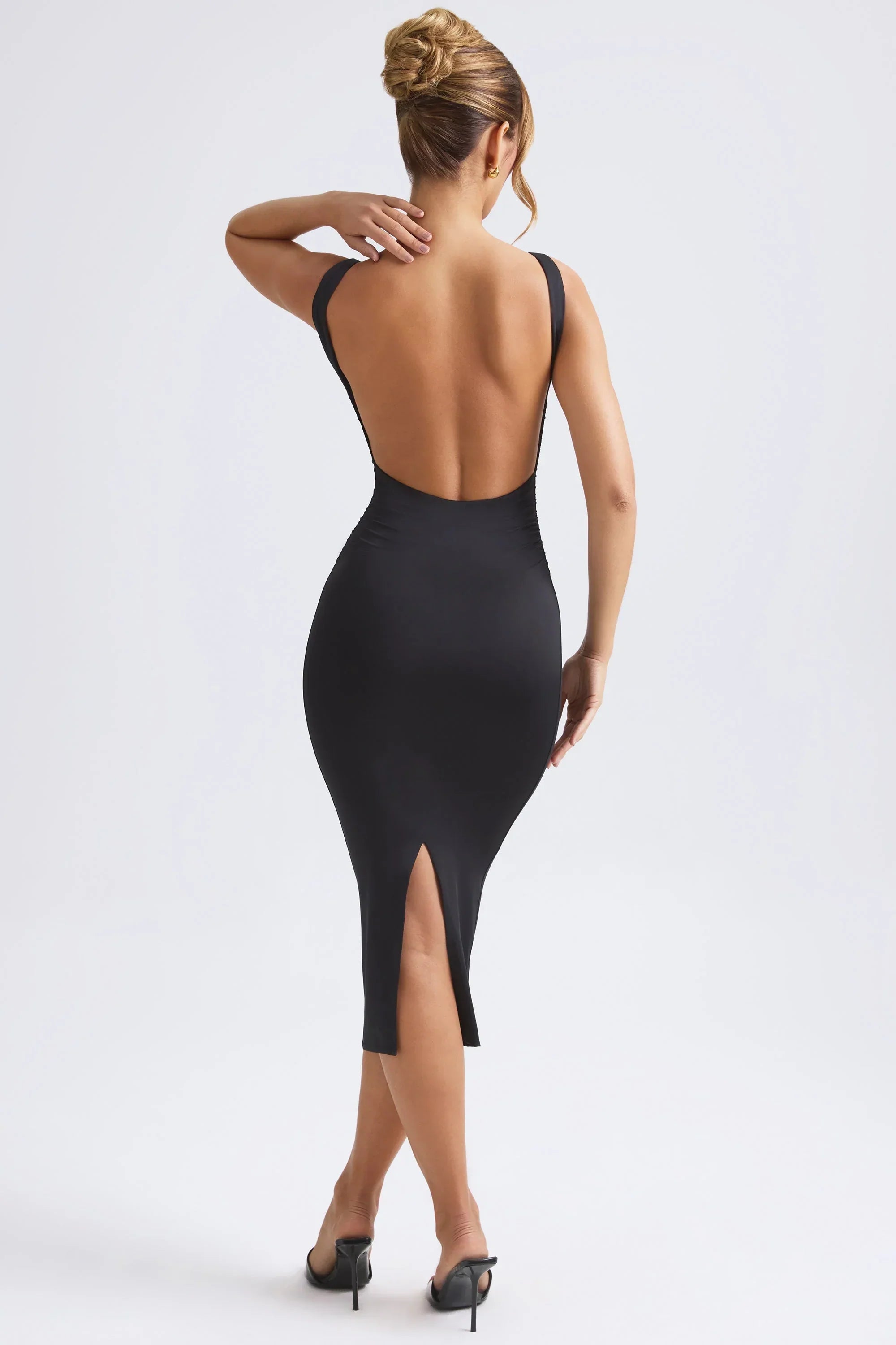 Ruched Open Back Midaxi Dress in Black