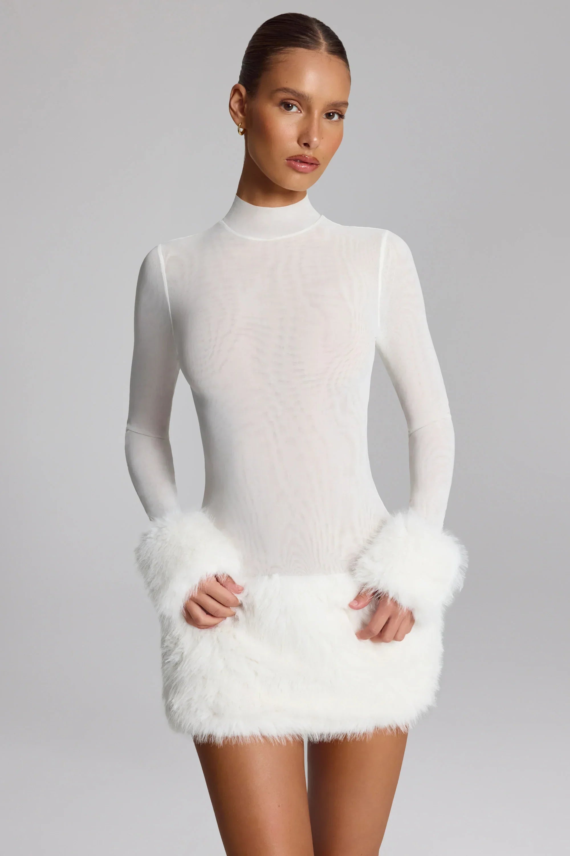 Faux Fur Trim Turtleneck Mini Dress in White
