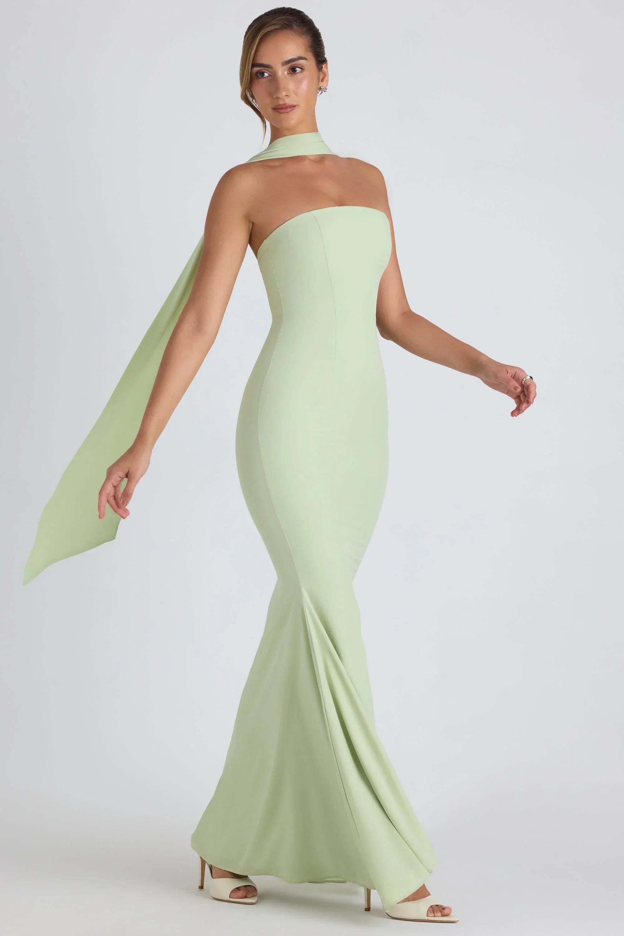 Scarf Detail Strapless Gown in Spring Green