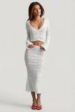 Ruffle Trim Pointelle Knit Midaxi Skirt in White