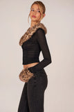 Faux Fur Trim Sheer Mesh Cardigan in Black