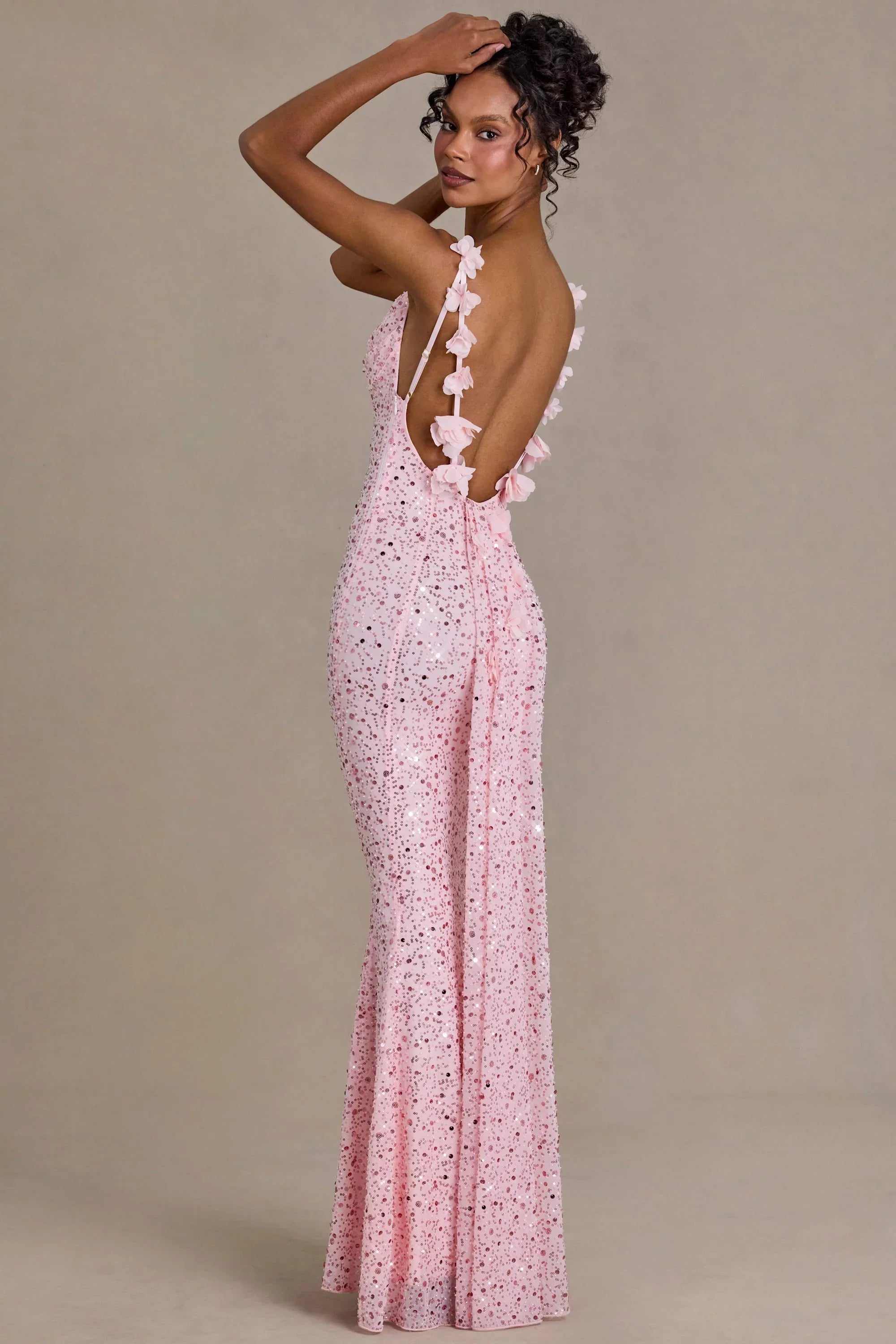 Embellished Open Back Maxi Dress in Baby Pink