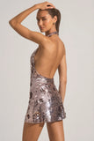 Sequin Embellished Halterneck Mini Dress in Silver