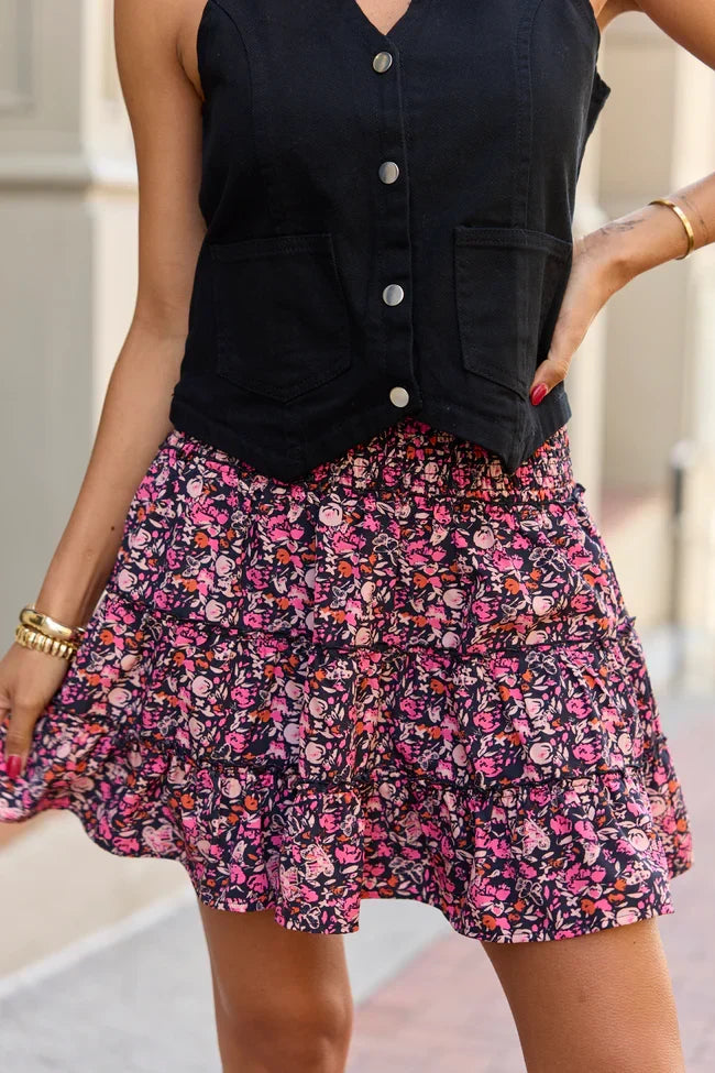 Through The Garden Black Pink Floral Mini Skort