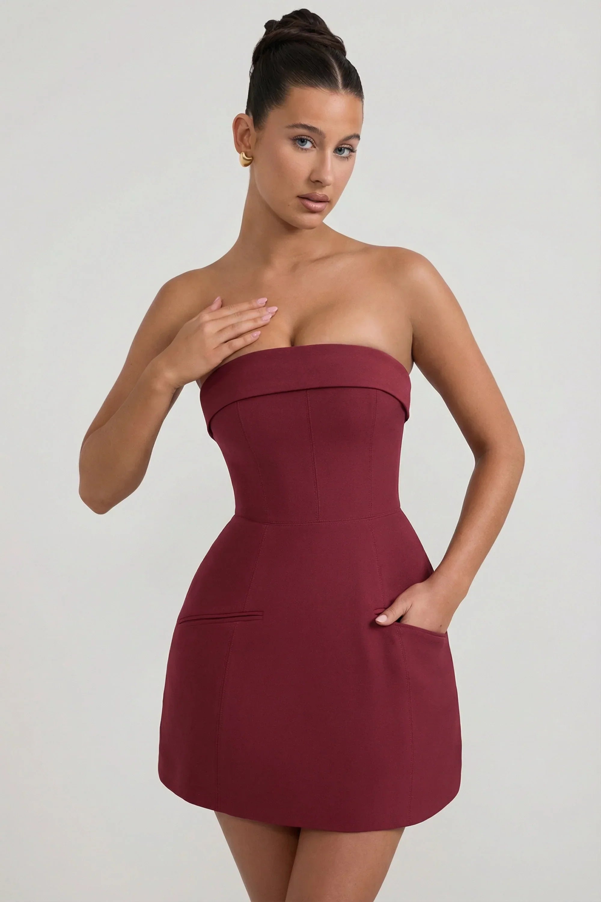 Foldover Neck Strapless Structured A Line Mini Dress in Wine Red