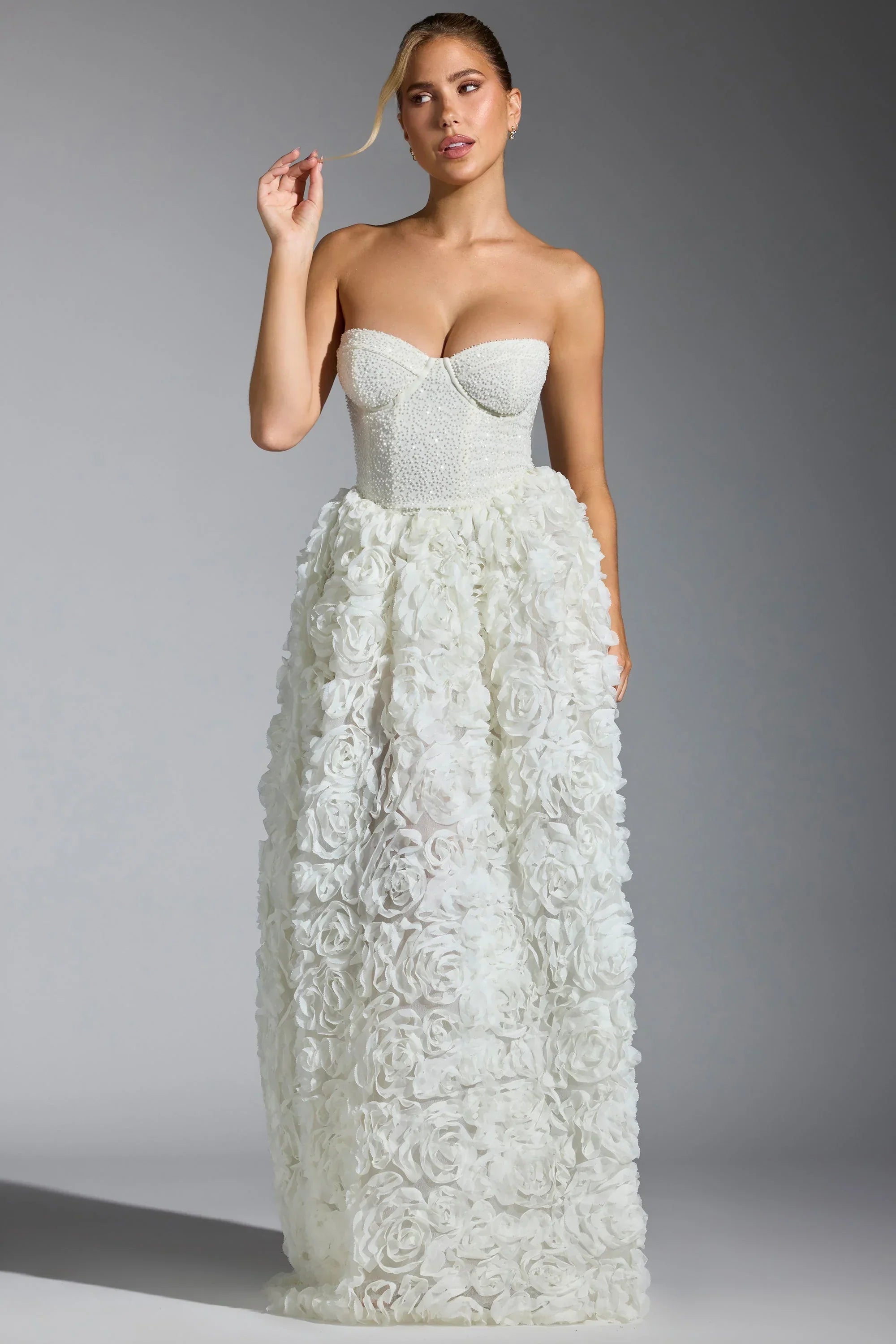 Embellished Floral Appliqué Corset Gown in White