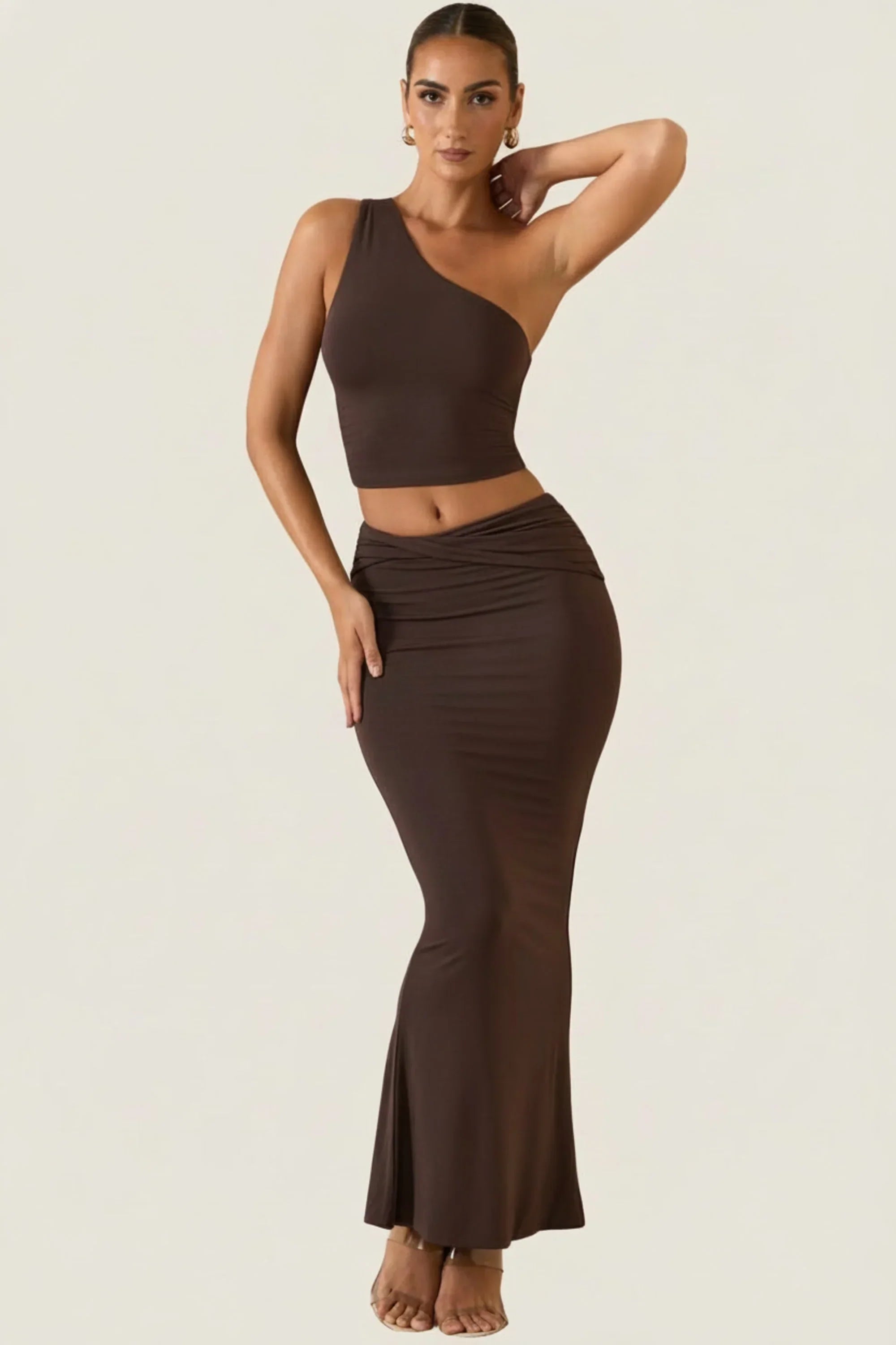 Modal One Shoulder Top in Chocolate Brown