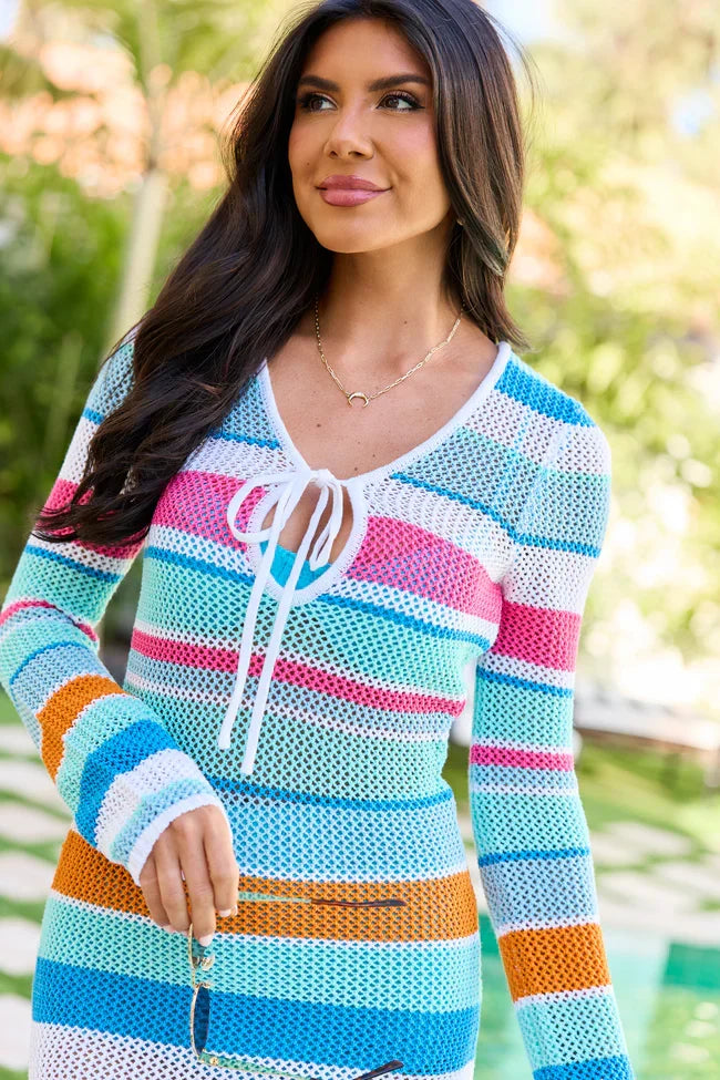 Multi Stripe Crochet Cover Up Dress
