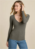 Ribbed Long Sleeve V Neck Olive