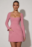 Sweetheart Neck Long Sleeve A Line Mini Dress in Dusty Pink