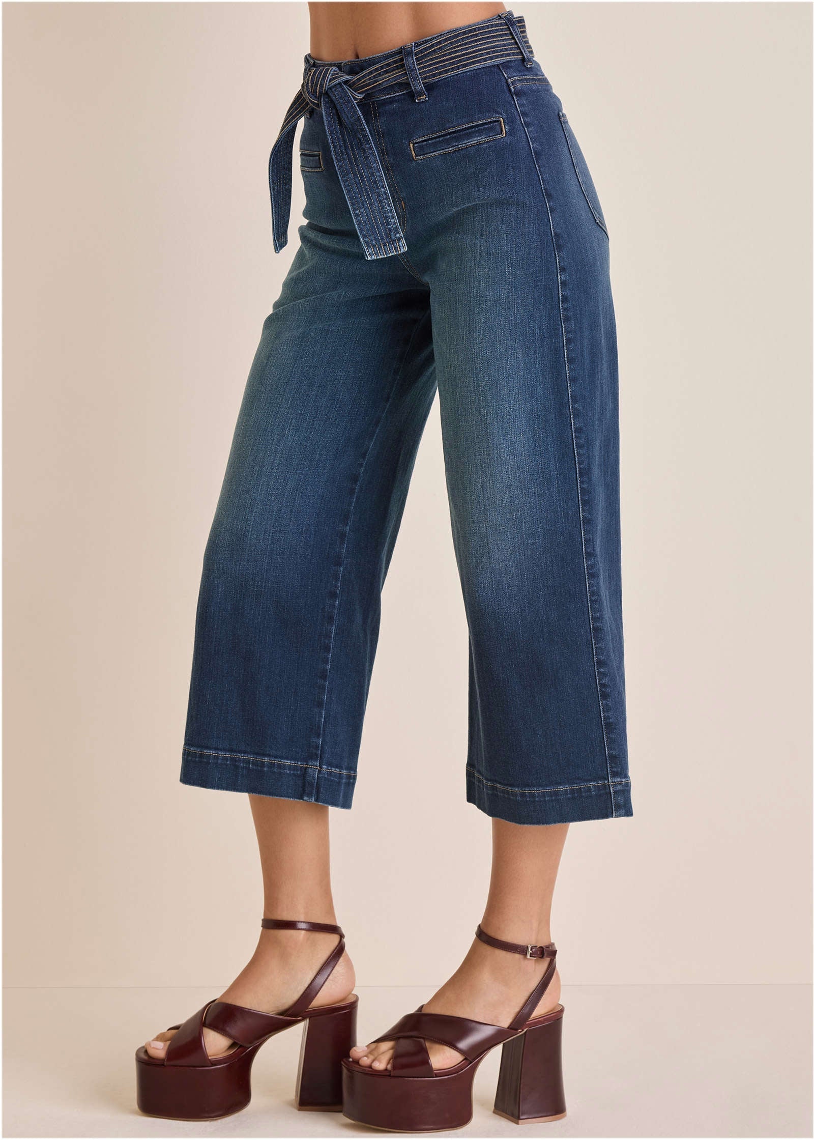 Belted Wide Leg Crop Jean Dark Wash