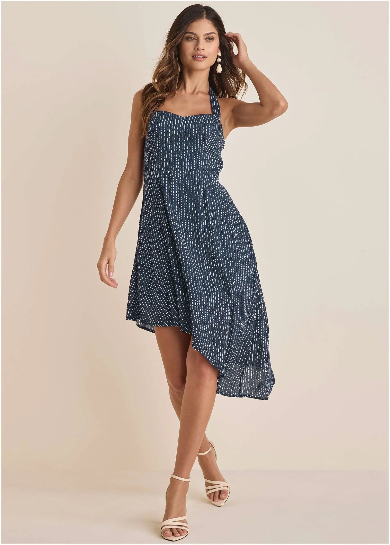 Halter High Low Dress Navy Dot Stripe