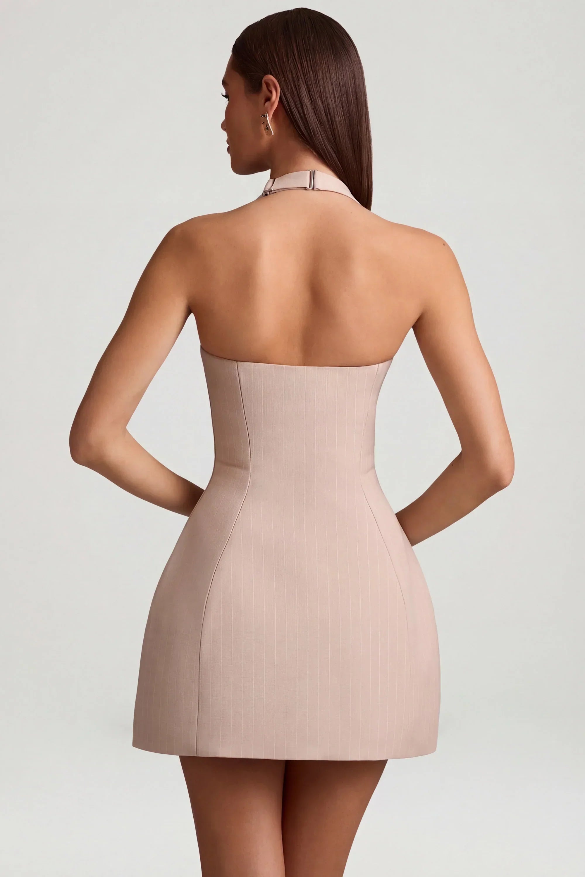 Pinstripe Halterneck Structured A Line Mini Dress in Mushroom