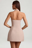 Pinstripe Halterneck Structured A Line Mini Dress in Mushroom