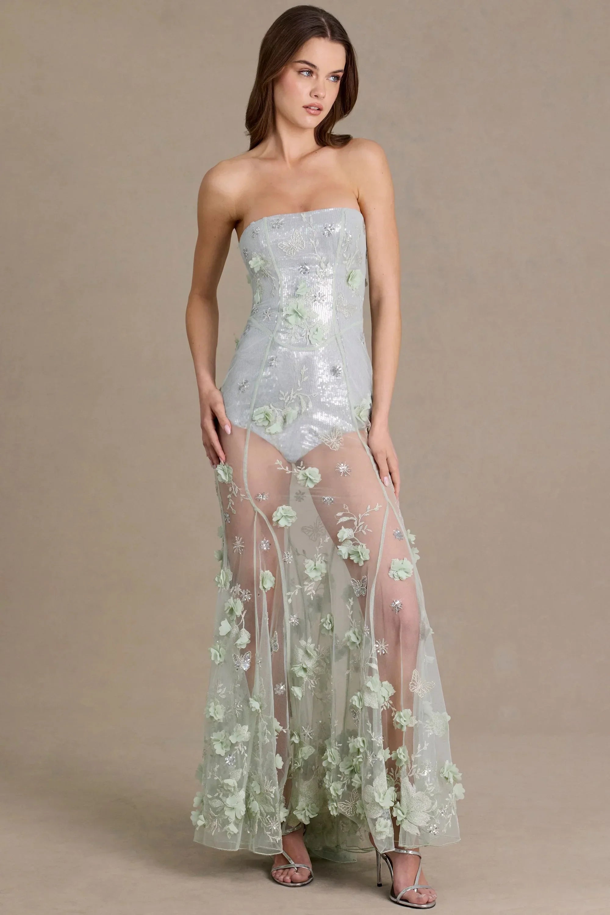 Embellished Tulle Corset Gown in Sage Green