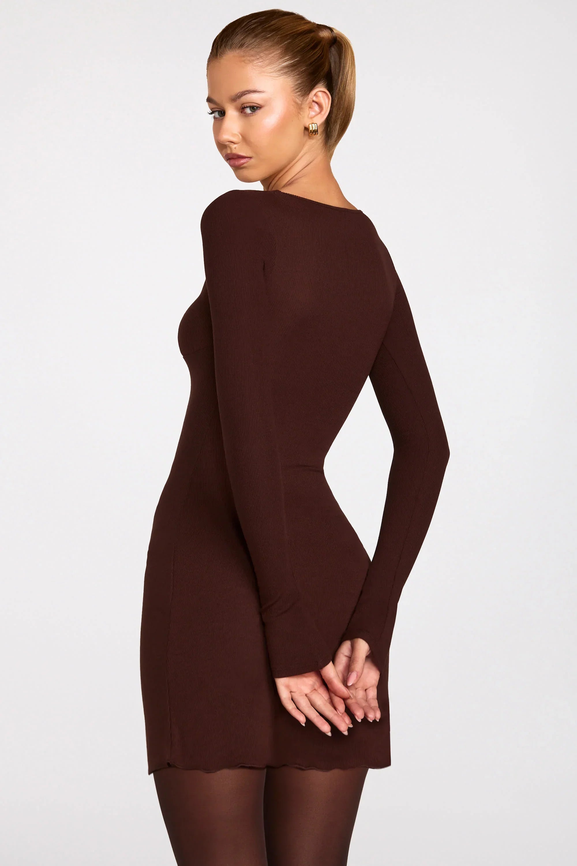 Ribbed Modal Long Sleeve Laced Bra Mini Dress in Chocolate Brown