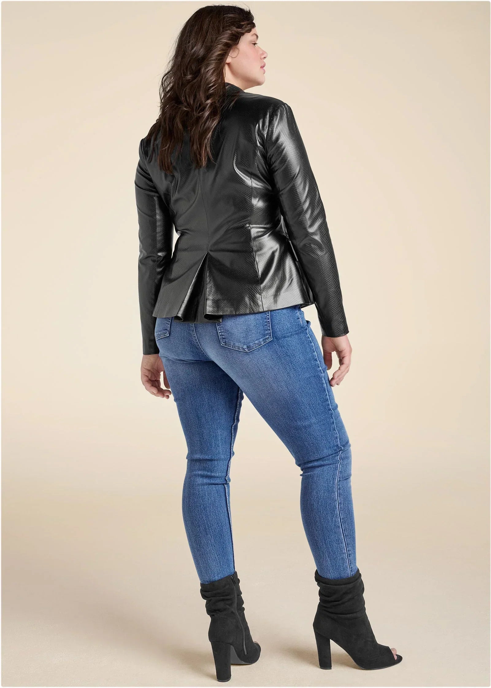 Snake Embossed Faux Leather Embellished Blazer Black