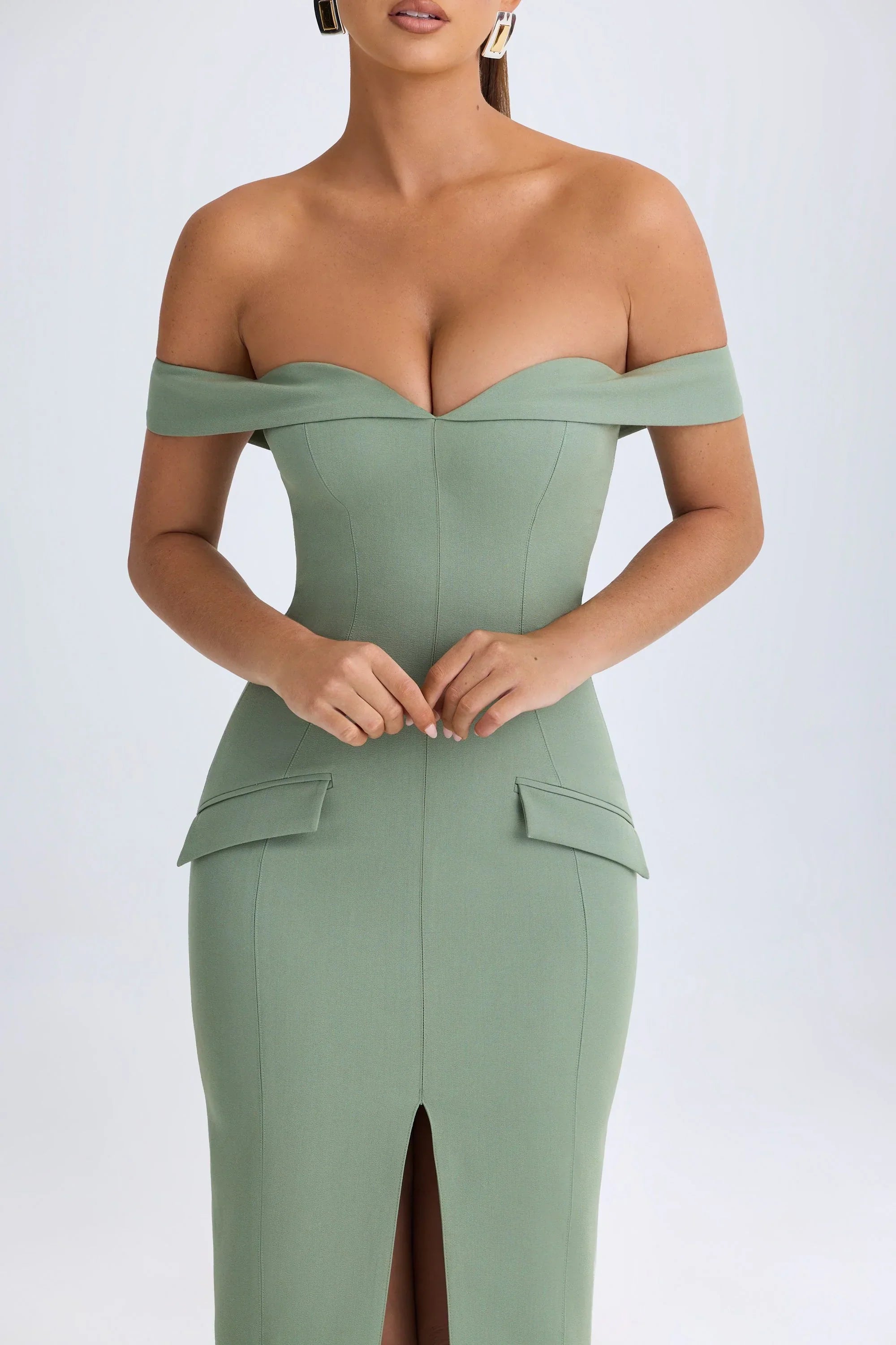 Off Shoulder Midaxi Dress in Khaki Green