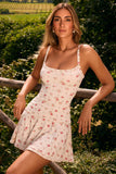 Lace Trim Ruched Mini Dress in Small Rose Print