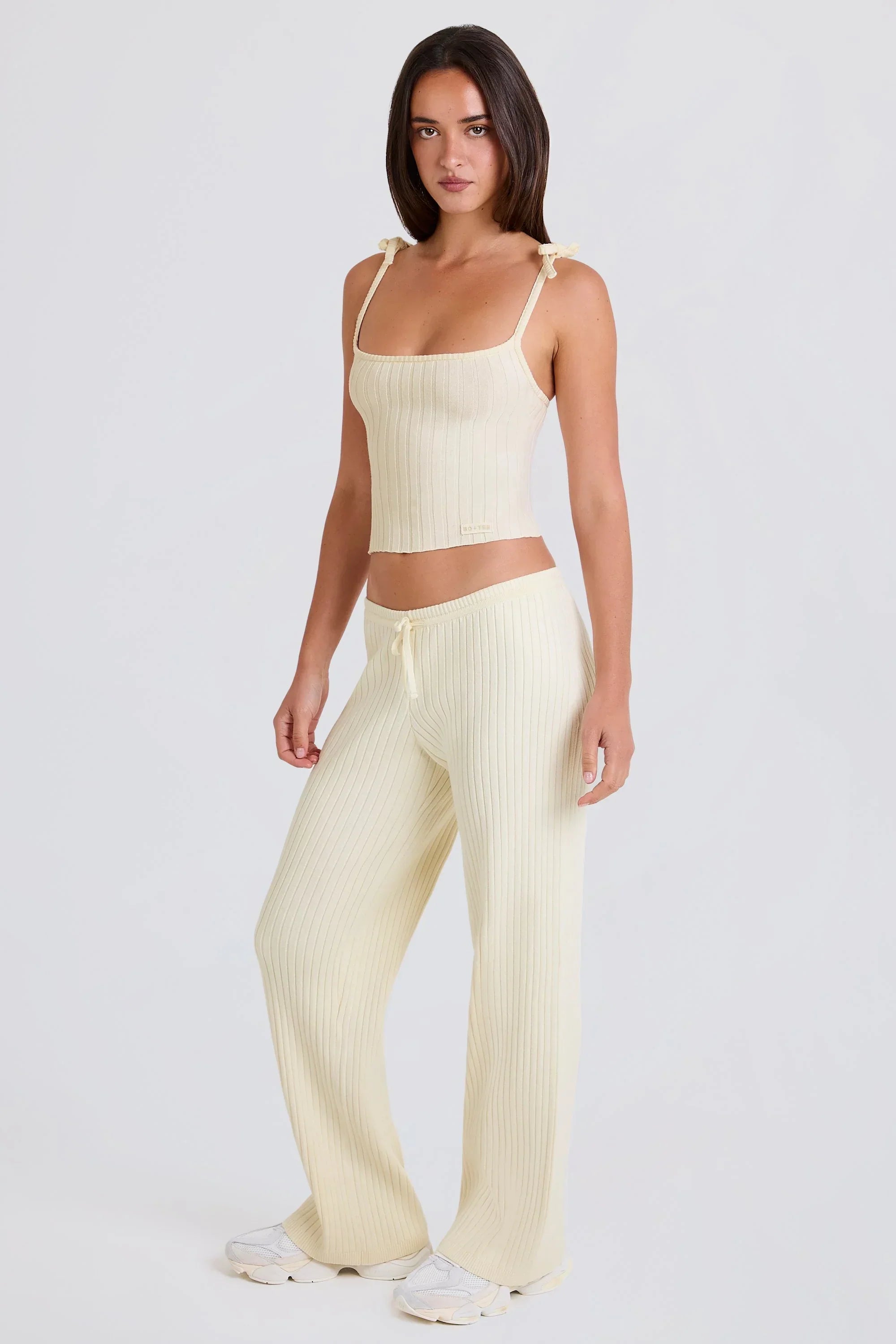 Ribbed Knit Wide Leg Joggers in Cream