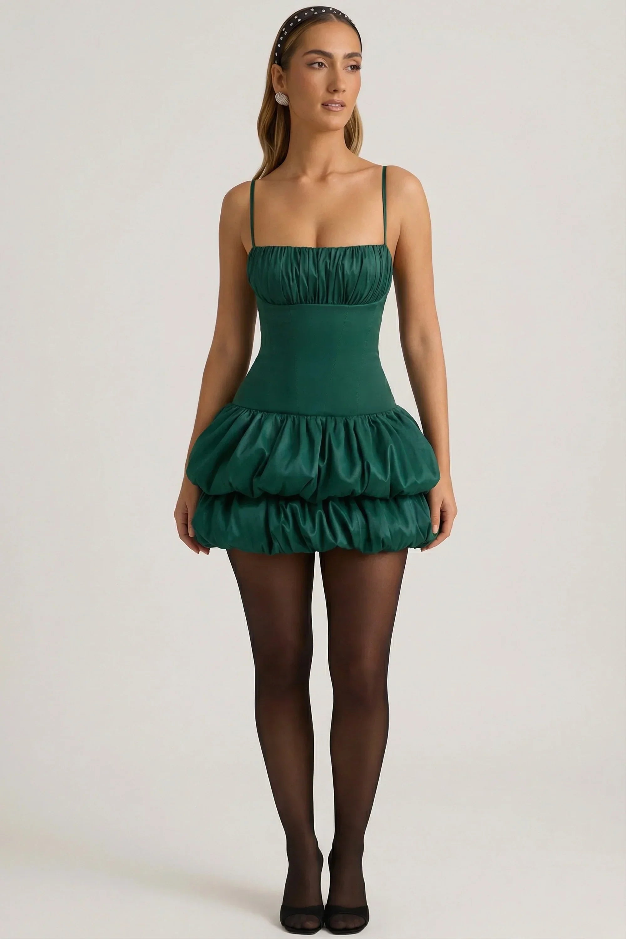 Satin Bubble Hem Corset Mini Dress in Emerald Green