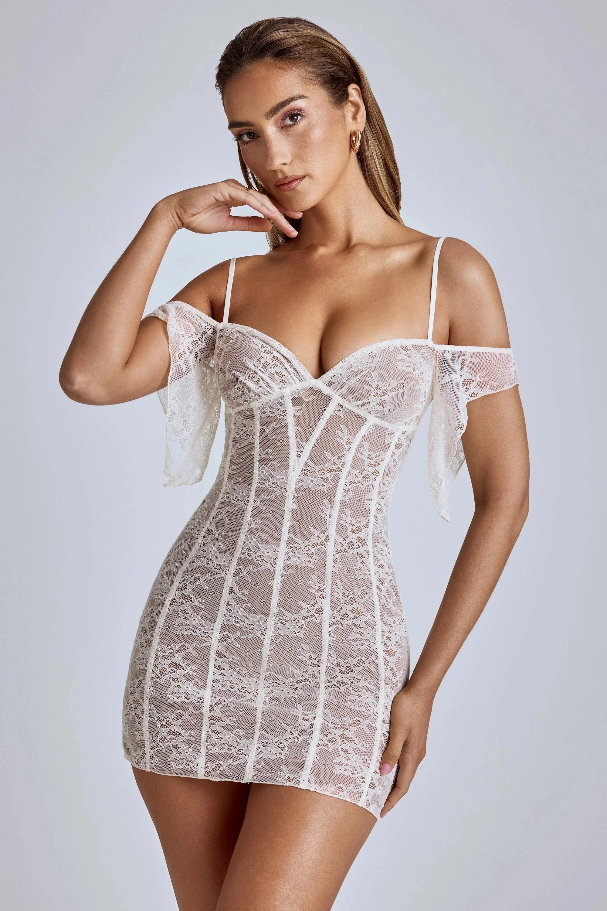 Sheer Lace A Line Mini Dress in Ivory