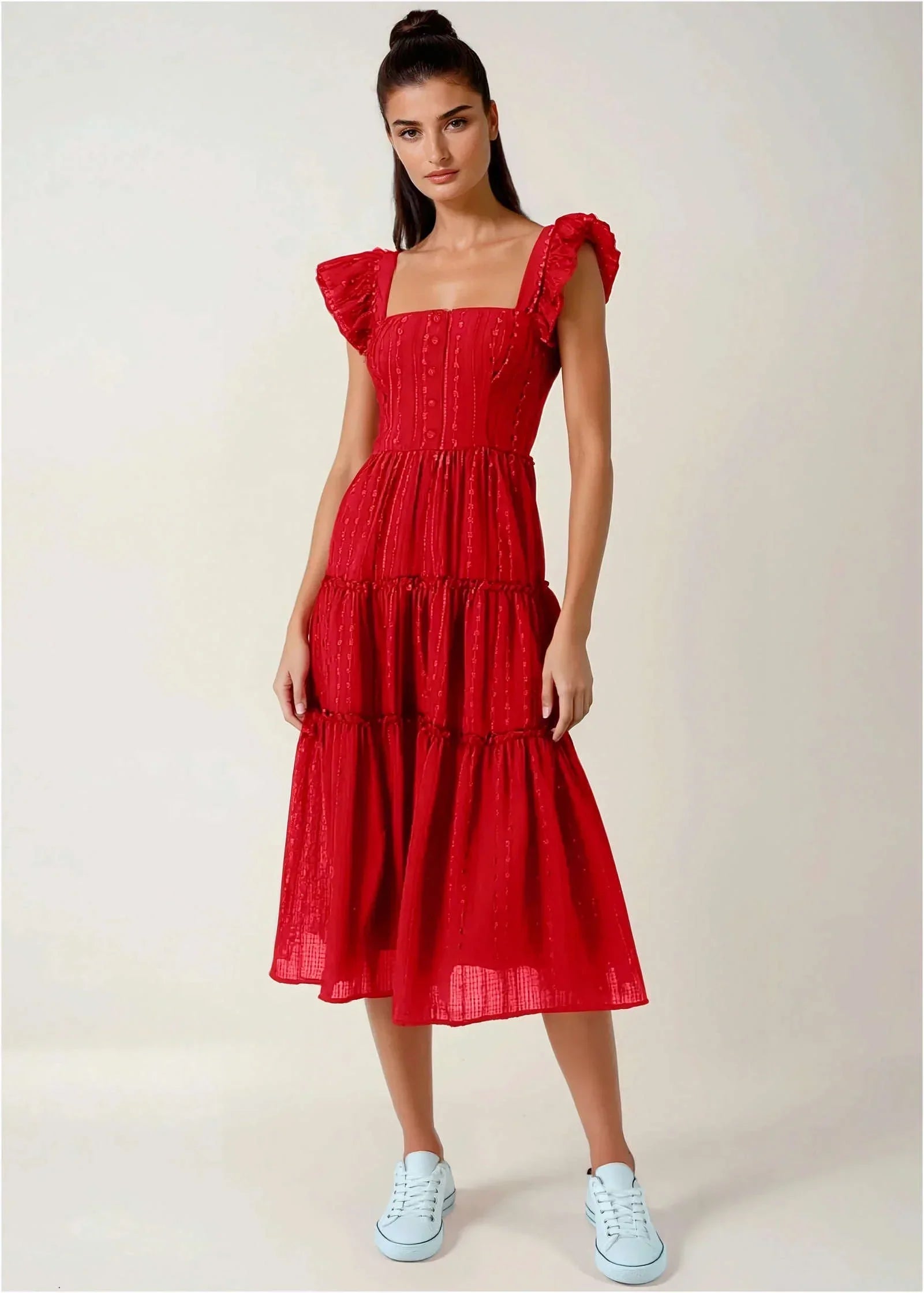 Textured Ruffle Maxi Dress Red