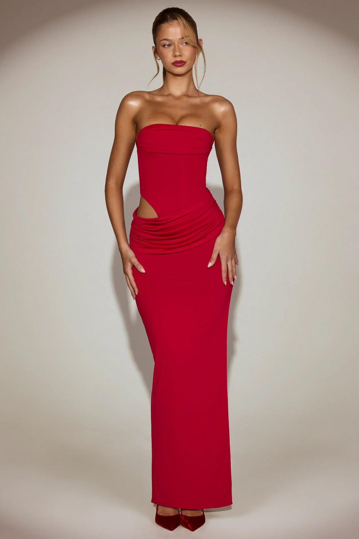 Soft Jersey Bandeau Cut Out Maxi Dress in True Red